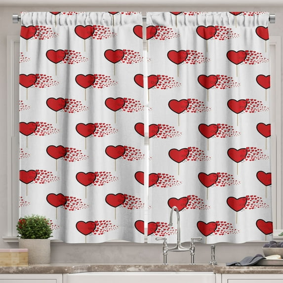 Valentine's Day Kitchen Curtains, Abstract Hearts Lollipops Rhythmic Romance Illustration, Two Panels Drapes with Rod Pocket Room Decor, 55" X 45", Vermilion Pearl, by Ambesonne
