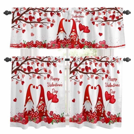 Valentine's Day Kitchen Curtains Sets for Windows 36 Inch Length, Red Gnomes Love Tree Branches Roses Rod Pocket Window Treatments Tier Curtains and Valances Set for Bedroom/Bathroom