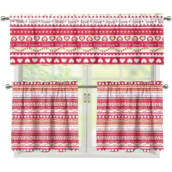 Valentine''s Day Kitchen Curtains Valance Set of 3 Sweet Love Heart Light Filtering 36 Inch Length Tier and Valance Rod Pocket Blackout Drape Window