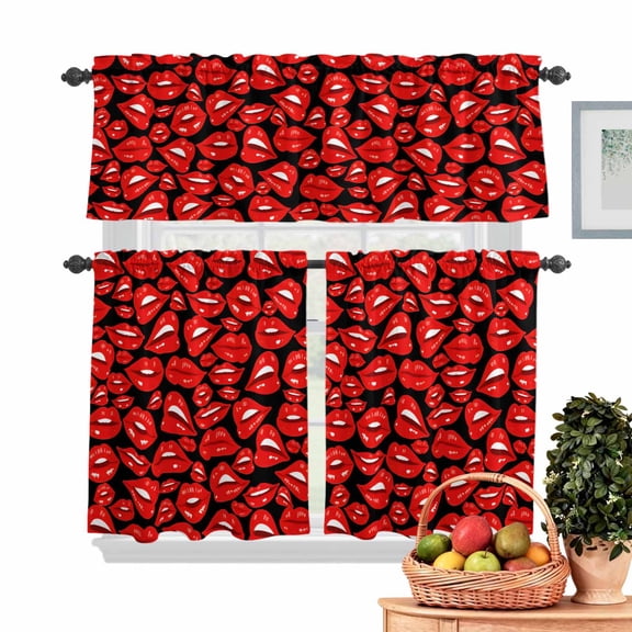 Valentine's Day Kitchen Curtains Valances 3 Piece Set, Red Lips Beauty Lipstick Kisses Black Background Rod Pocket Tier Curtain and Valance Drapes for Small Window 36 Inch Length for Bedroom Cafe