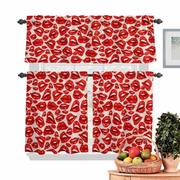 Valentine's Day Kitchen Curtains Valances 3 Piece Set, Red Lips Beauty Lipstick Kisses Linen Texture Rod Pocket Tier Curtain and Valance Drapes for Small Window 24 Inch Length for Bedroom Cafe