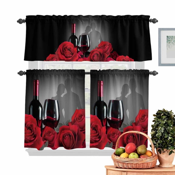 Valentine's Day Kitchen Curtains Valances 3 Piece Set, Romantic Couple Lover Shadow Red Roses Floral Red Wine Rod Pocket Tier Curtain and Valance Drapes for Small Window 24 Inch Length for Bedroom