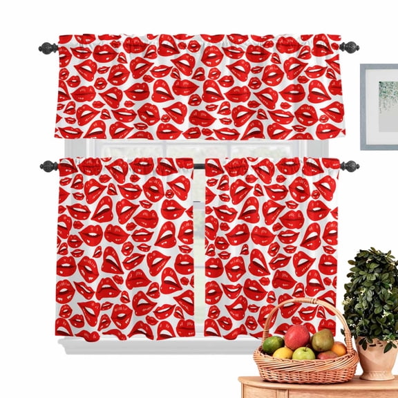Valentine's Day Kitchen Curtains Valances 3 Piece Set, Romantic Red Lips Beauty Lipstick Kisses Rod Pocket Tier Curtain and Valance Drapes for Small Window 24 Inch Length for Bedroom Cafe