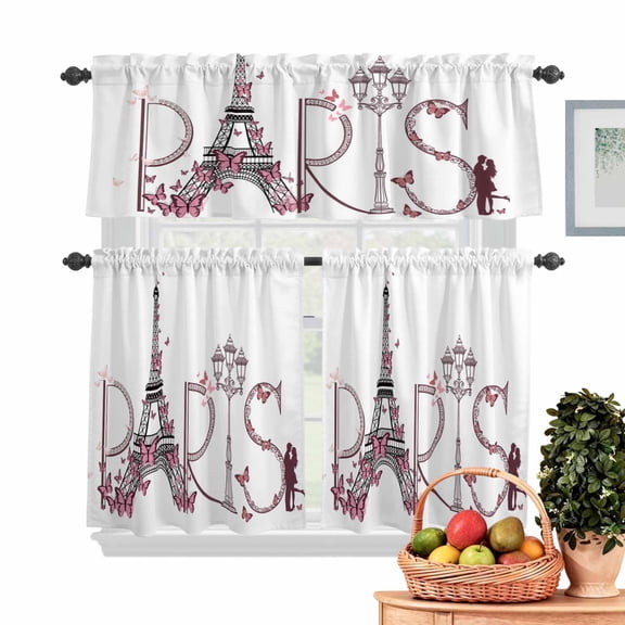 Valentine's Day Kitchen Curtains Valances 3 Piece Set, Sweet Couple under Paris Tower Eiffel Pink Butterfly Rod Pocket Tier Curtain and Valance Drapes for Small Window 36 Inch Length for Bedroom Cafe