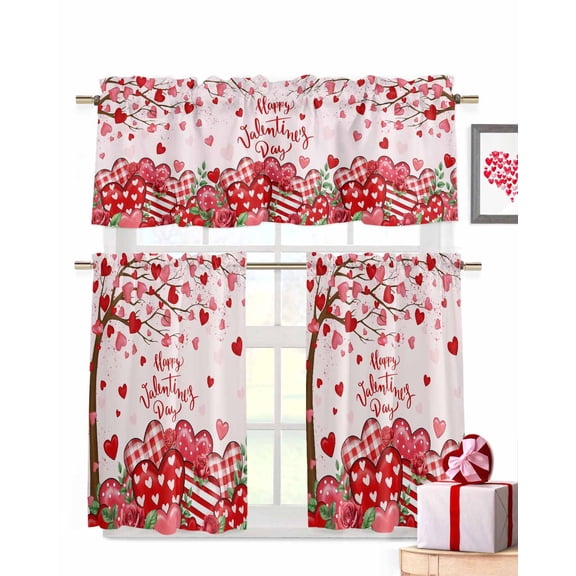 Valentine's Day Kitchen Curtains Valances and Tiers Set of 3, 36 Inch Length Tier Curtains and Valance Rod Pocket Valance Curtains Set for Kitchen Bathroom Small Windows