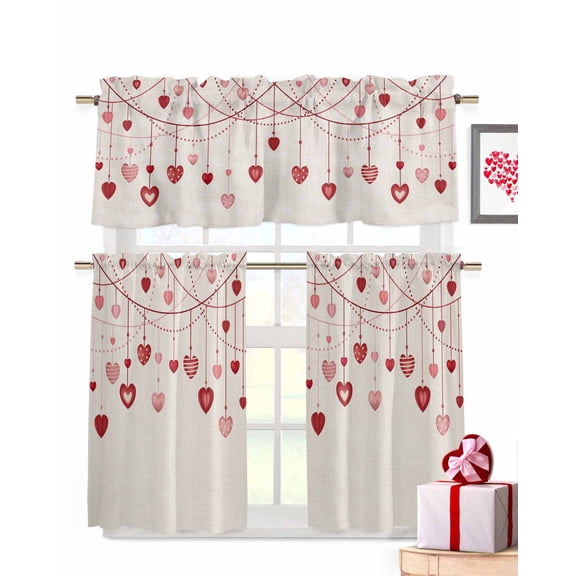 Valentine's Day Kitchen Curtains Valances and Tiers Set of 3, 36 Inch Length Tier Curtains and Valance Rod Pocket Valance Curtains Set for Kitchen Bathroom Small Windows