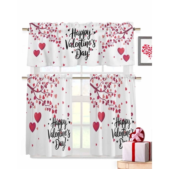 Valentine's Day Kitchen Curtains Valances and Tiers Set of 3, 36 Inch Length Tier Curtains and Valance Rod Pocket Valance Curtains Set for Kitchen Bathroom Small Windows