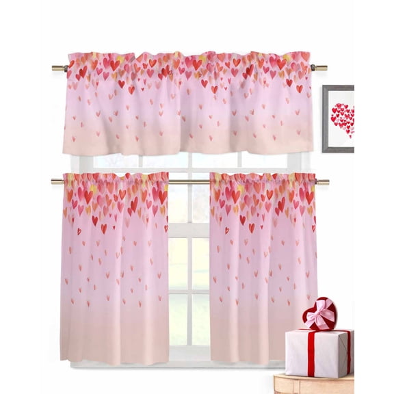 Valentine's Day Kitchen Curtains Valances and Tiers Set of 3, 36 Inch Length Tier Curtains and Valance Rod Pocket Valance Curtains Set for Kitchen Bathroom Small Windows