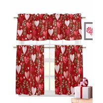 Valentine's Day Kitchen Curtains Valances and Tiers Set of 3, 36 Inch Length Tier Curtains and Valance Rod Pocket Valance Curtains Set for Kitchen Bathroom Small Windows