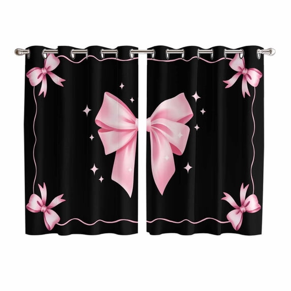 Valentine's Day Kitchen Curtains Window Panels, Pink Bowknot Ribbon on Black Mother's Day Insulated Window Treatment Curtain, Grommet Curtains for Bedroom/Living Room/Bathroom, 2 Piece 52"Wx63"L