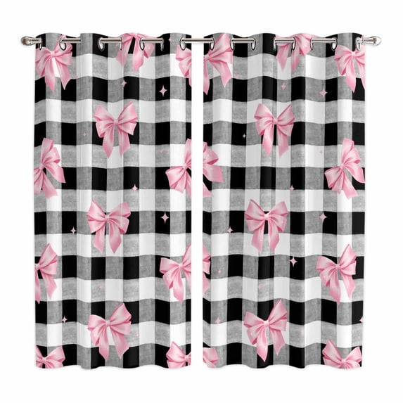 Valentine's Day Kitchen Curtains Window Panels, Pink Bows Shining Stars Farmhouse Plaid Insulated Window Treatment Curtain, Grommet Curtains for Bedroom/Living Room/Bathroom, 2 Piece 42"Wx63"L