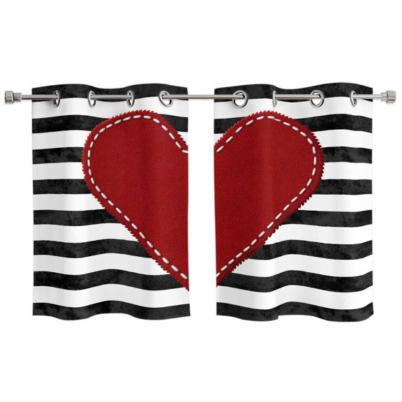 Valentine's Day Kitchen Curtains Window Panels, Red Love Heart Black Striped Farmhouse Insulated Window Treatment Curtain, Grommet Curtains for Bedroom/Living Room/Bathroom, 2 Piece 27.5"Wx39"L