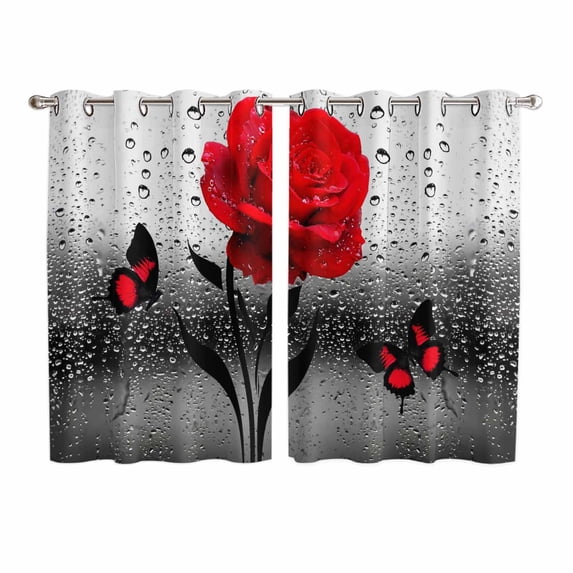 Valentine's Day Kitchen Curtains Window Panels, Red Rose Floral Watercolor Butterfly Flowers Insulated Window Treatment Curtain, Grommet Curtains for Bedroom/Living Room/Bathroom, 2 Piece 52"Wx63"L