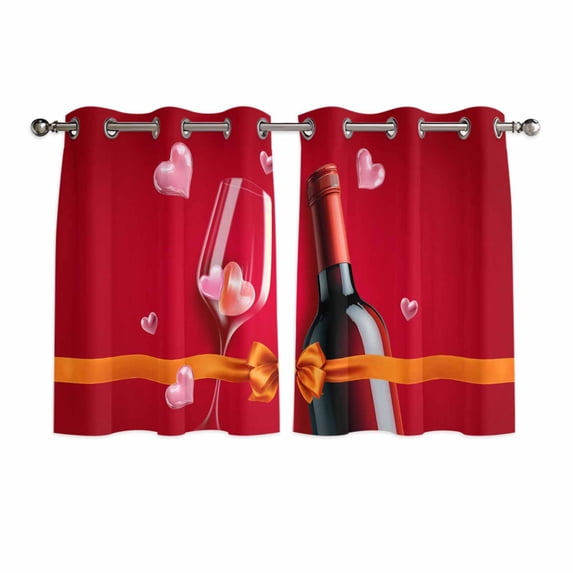 Valentine's Day Kitchen Curtains Window Panels, Romantic Love Wine Glass Cup Bow Abstract Red Insulated Window Treatment Curtain, Grommet Curtains for Bedroom/Living Room/Bathroom, 2 Piece 42"Wx45"L
