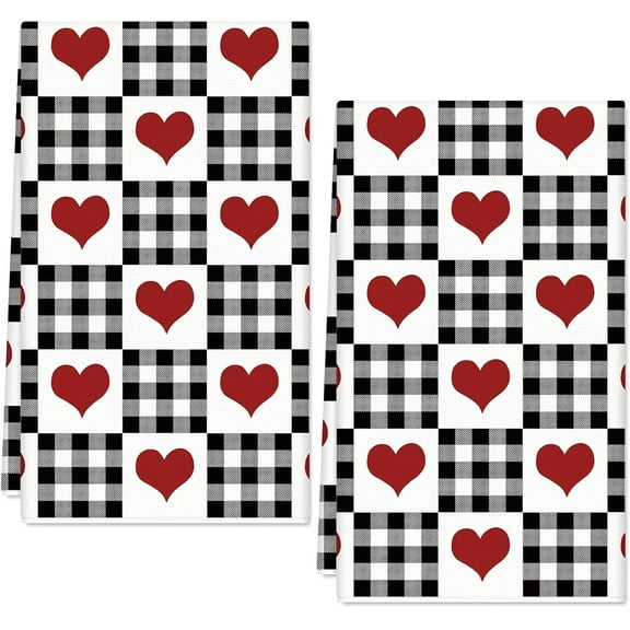 Valentine''s Day Kitchen Dish Towel Buffalo Plaids Red Love Heart Gray White and Black Color Dishcloth 18 x 26 Inch Hand Drying Tea Towel for Wedding Anniversary Cooking Baking, 2Pcs