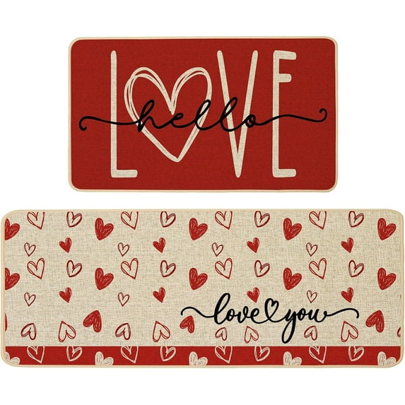 Valentine''s Day Kitchen Mats Set of 2, Red Love Heart Decorative Kitchen Rugs Romantic Kitchen Mats for Floor Non Slip Anniversary Wedding Party Home Decor 17x29 and 17x47 Inch