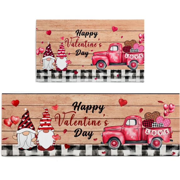 Valentine''s Day Kitchen Rugs and Mats, Truck and Gnome Kitchen Mats 2 Pieces Happy Valentines Day Kitchen Rugs Farmhouse Love Valentines Day Decorations Rugs 17 X 30 inch -17 X 47 inch