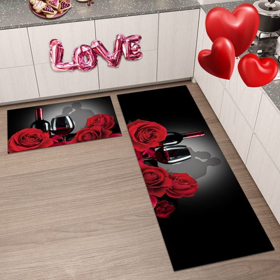 Valentine''s Day Kitchen Rugs Set of 2, Romantic Couple Dating Non-Slip Floor Rug and Mats Sets Valentines Red Blossom Rose and Wine Galsses Comfort Runner Carpet Water Absorbent Mat for Home Decor