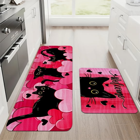 Valentine's Day Kitchen Rugs Set of 2/3, Cute Black  with Heart Design, Non-Slip Flannel Mats, 0.47inch Thick Sponge, Easy Clean Home Decor