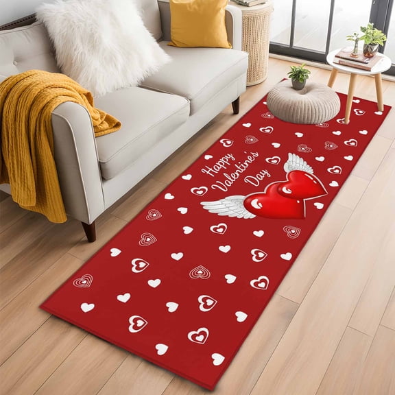 Valentine's Day Kitchen Runner Rug 2x6 Washable Runners for Hallway Non Slip Red Love Wings Romantic Large Area Rug Indoor Floor Carpet for Bathroom Laundry Entryway Bedroom Living Room