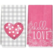 Valentine''s Day Kitchen Towel Pink Hello Love Dish Towels 18 x 26 Inch Watercolor Hearts Gray White Plaid Hand Drying Tea Towel for Weing Anniversary Cooking Baking, Set of 2