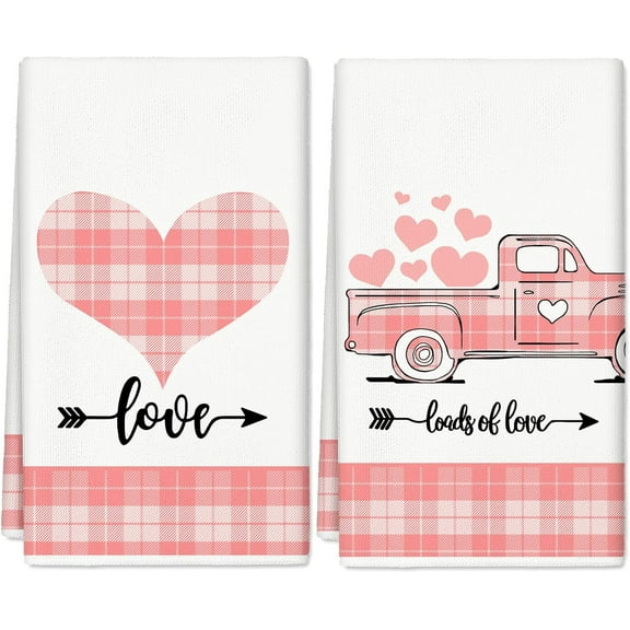 Valentine''s Day Kitchen Towel Pink White Plaids Dish Towels 18 x 26 Inch Heart Love Truck Print Hand Drying Tea Towel for Weing Anniversary Cooking Baking, Set of 2