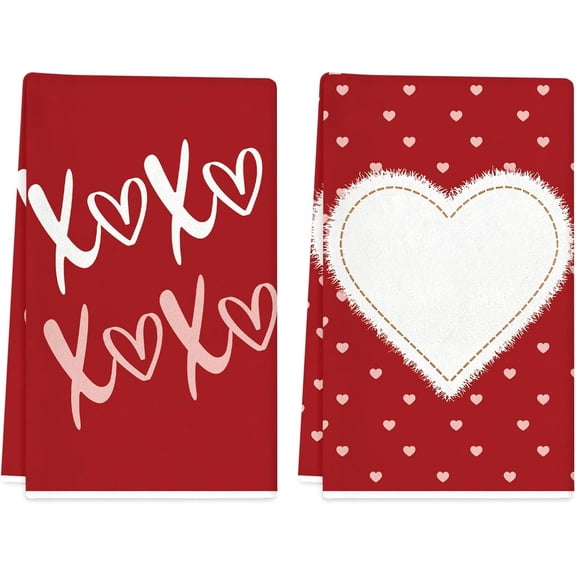 Valentine’s Day Kitchen Towels 18x26 Inch Set of 2 Polka Dot Heart XOXO Love Red Valentine Dish Towels Farmhouse Wedding Anniversary Hand Towels for Kitchen Decoration