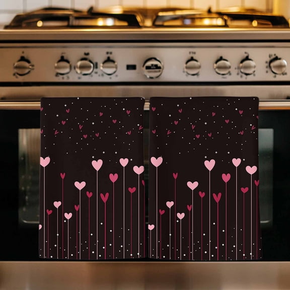 Valentine's Day, Kitchen Towels Set of 2, Black Pink Love Saint Romantic Dots Absorbent Dish Towels for Kitchen, Microfiber Hand Towel, Quick Drying Tea Towel for Cleaning Decorative Dishcloths