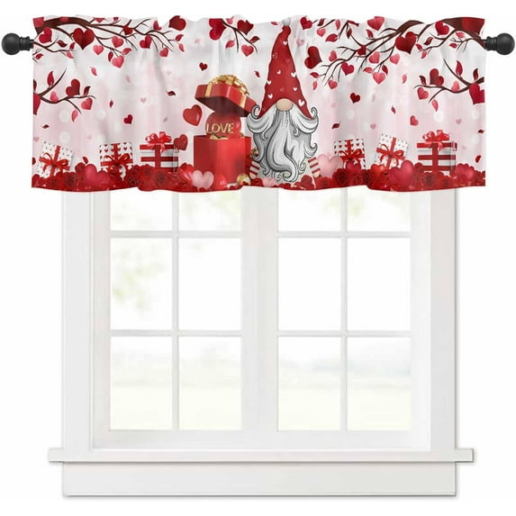 Valentine''s Day Kitchen Valances Curtains for Windows, Red Day Gnome Gift Romantic Rose Valance Rod Pocket Window Curtain, Bathroom Basement Farmhouse Small Window Treatment Curtains 54"W x 18"L