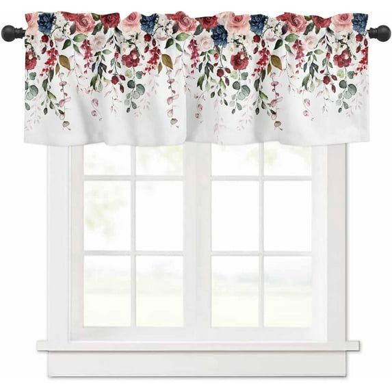 Valentine''s Day Kitchen Valances Curtains for Windows, Romantic Rose Plant Leaf Printing Valance Rod Pocket Window Curtain, Bathroom Basement Farmhouse Small Window Treatment Curtains 54"W x 18"L