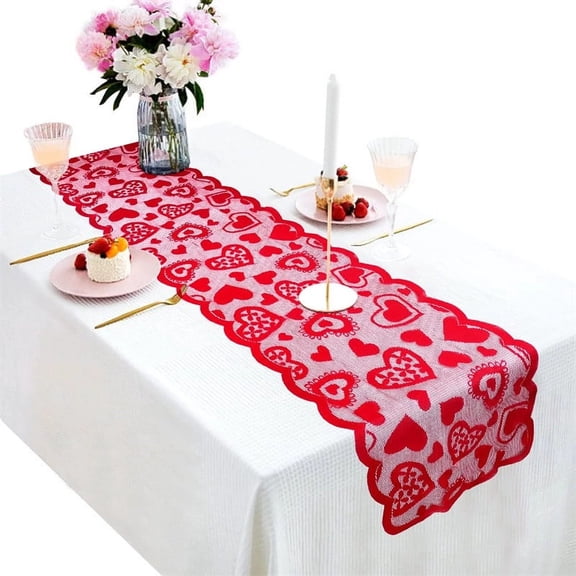 Valentine's Day Knitted Cloth Table Flag, Heart Patterned Lace Table Cloth Decoration, Romantic Table Runner For Home Party Dining & Event Decor, Ideal For Valentine's Day,