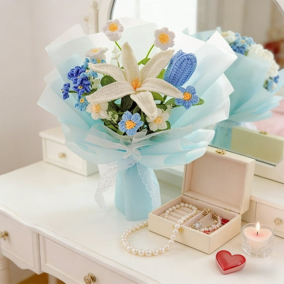 Valentine's Day Knitted Flower Bouquet – Handmade Artificial Crochet Bouquet, Romantic Birthday and Wedding Gift Love-Themed Home Decor for Valentine's Celebration