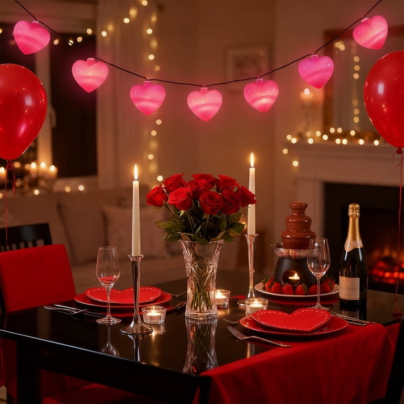 Valentine's Day LED Heart Necklace String Lights, Battery-Powered Decorative Rose Lights for Party & Room Ambiance, Hot Pink