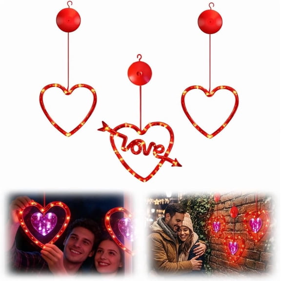Valentine's Day LED Heart Window Lights  Battery Operated Red Heart Silhouette Decor with Suction Cups for Proposal/Wedding/Party  Z