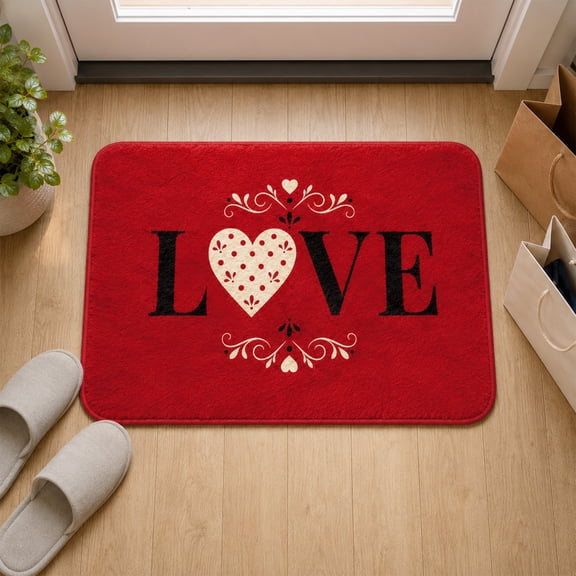 Valentine's Day LOVE Doormat, Soft Plush Flannel Non-Slip Floor Mat, Red Heart Pattern Romantic Entryway Rug, Washable Indoor Entrance Mat for Home Living Room Bedroom, 3 Sizes Available