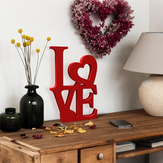 Valentine's Day LOVE Tabletop Ornament, Red LOVE Letter Decor with Heart Accent, Romantic Love Symbol Tabletop Decor, V-day Gift Freestanding Love Letter Table Top Decor