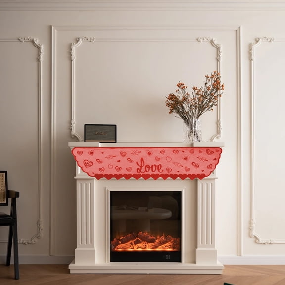 Valentine's Day Lace Fireplace Mantle Cover Table Runner with Hearts Roses for Romantic Dinner Wedding Anniversary Decor(Red-A)