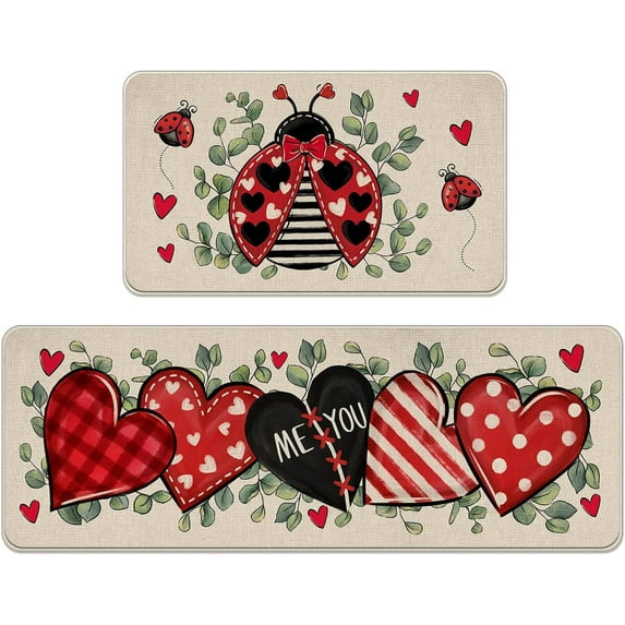 Valentine''s Day Ladybug Kitchen Rugs Set of 2, Red Black Love Heart Eucalyptus Leaves Plaid Stripes Kitchen Mats Decor, Anniversary Wedding Floor Door Mat Home Decorations -17x29 and 17x47 Inch