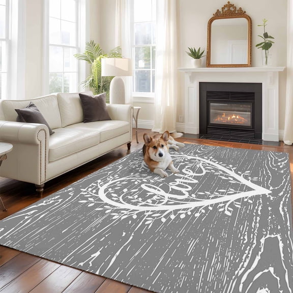 Valentine's Day Large Area Rugs 6x9 ft Spring Tree Branches Love Heart Grey Wooden Stripes Washable Rug Non Slip Indoor Carpet Absorbent Floor Mat for Living Room Bedroom Dining Room