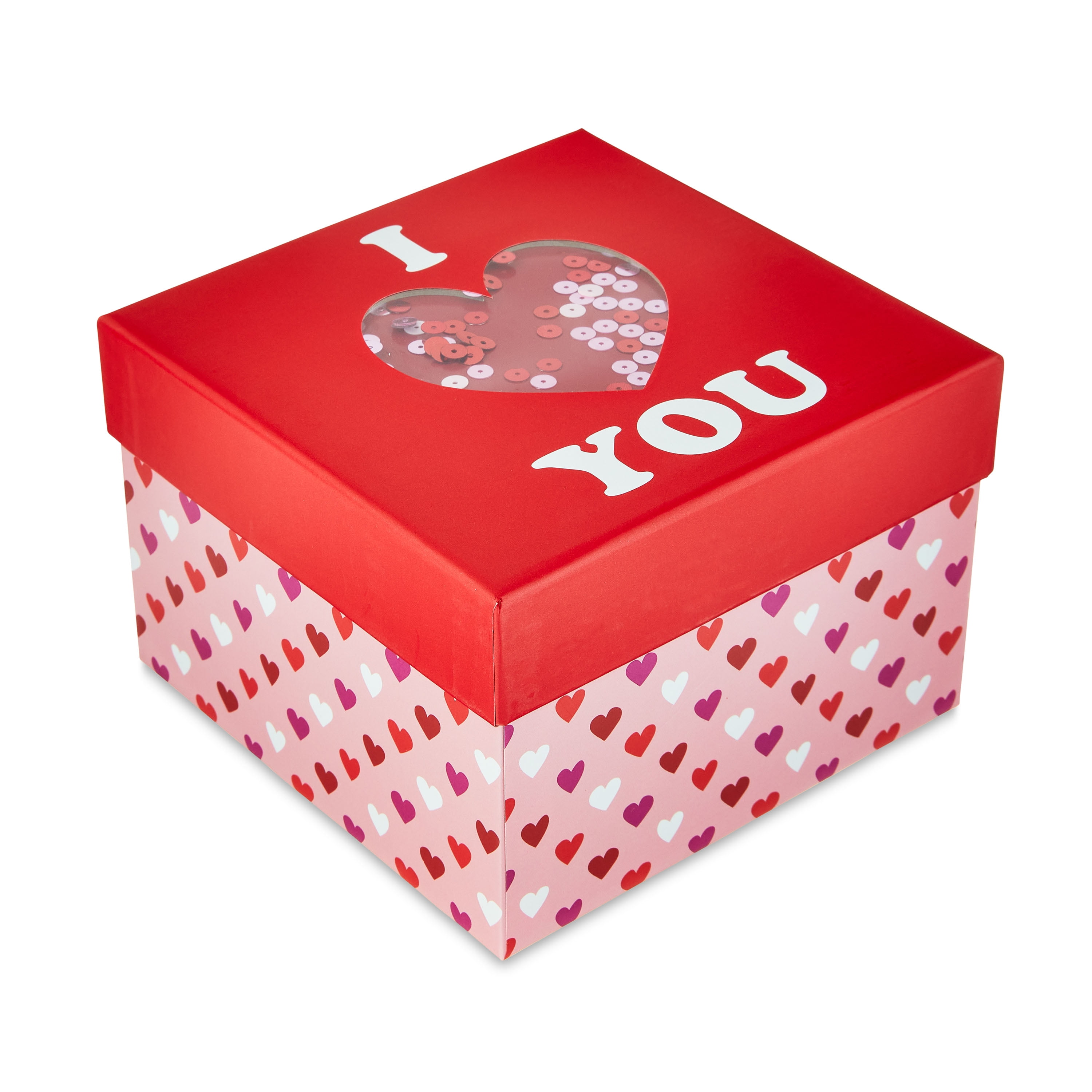Valentine's Day Large Pink and Red Confetti Gift Box, 6.25" x 6.25" x 4