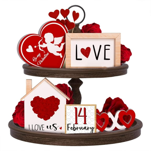 Valentine's Day Layered Tray with Wooden Logo and Beaded Ring for Farmhouse Kitchen Party Table Display
