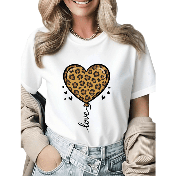 Valentine's Day Leopard Print Love Graphic Tees Womans Tshirt Black White S-5XL Tops