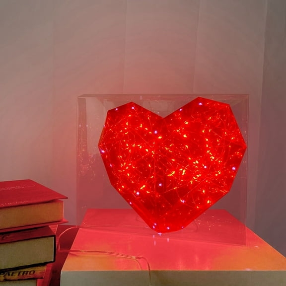 Valentine's Day Light Up Heart Desktop Ornament LED Valentines Diamond Heart Tabletop Decoration Lighted Luminous Love Heart Decor for Confession Wedding Party Gift(Red)