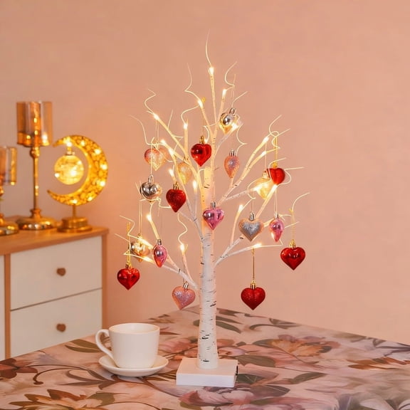Valentine's Day Lighted Birch Tree Decor 15 LED Heart Ornament White Twig Tree for Table, Wedding, Dinner & Gifts-dh