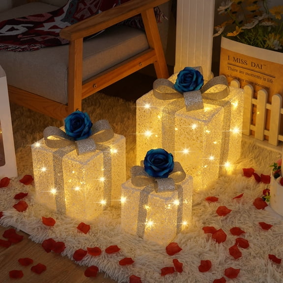 Valentine's Day Lighted Gift Box Set with Remote Control, Warm White LED String Lights for Romantic Decor, Indoor Outdoor Wedding Anniversary Party Home Yard Office Restaurant Decoration