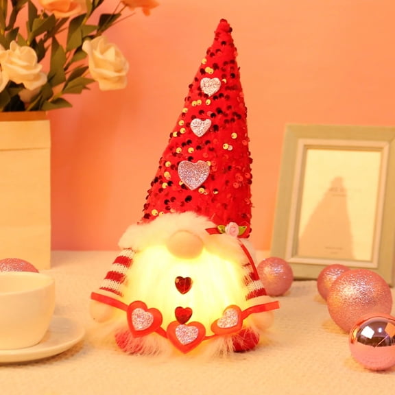 Valentine's Day Lighted Valentines Gnome Doll Handmade Swedish Light Up Sparkling Hat Battery Operated Tabletop Decor Holiday Gift Red