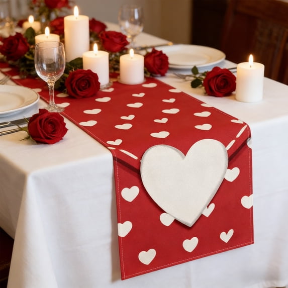 Valentine's Day Linen Table Runner & Placemat - Heat-Resistant Tablecloth for Kitchen & Dining Table, Romantic Party Decoration for Home