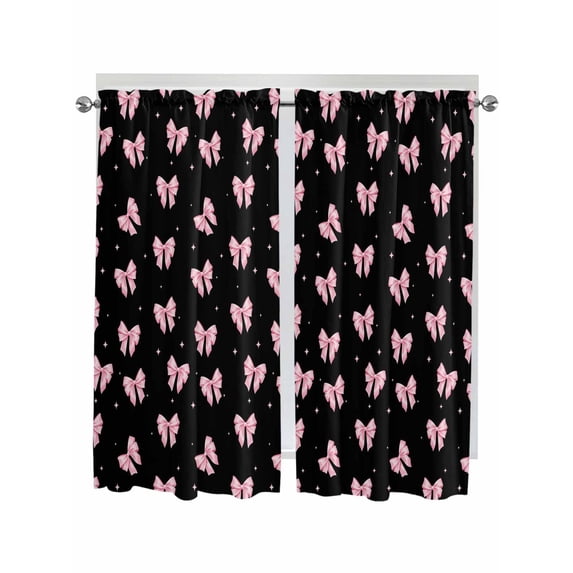 Valentine's Day Living Room Curtains 2 Panel, Pink Bows Shining Stars Modern Black Cafe Window Treatment, Extra Long Farmhouse Bedroom Bathroom Kitchen Curtains Drapes 104"x72"