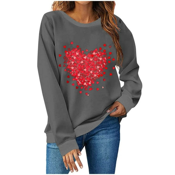Valentine's Day Long Sleeve Round Neck Shirts Women Casual Cute Heart Print Tee Pullover Tops Sweatshirts (M, Dark Gray)