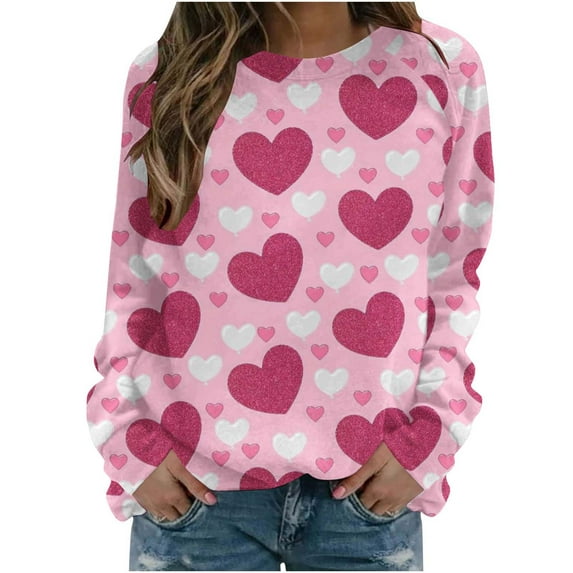 Valentine's Day Long Sleeve Shirts for Women Trendy Sequin Heart Print Crew Neck Casual Sweatshirts Casual Tunic Tops(Pink,L)